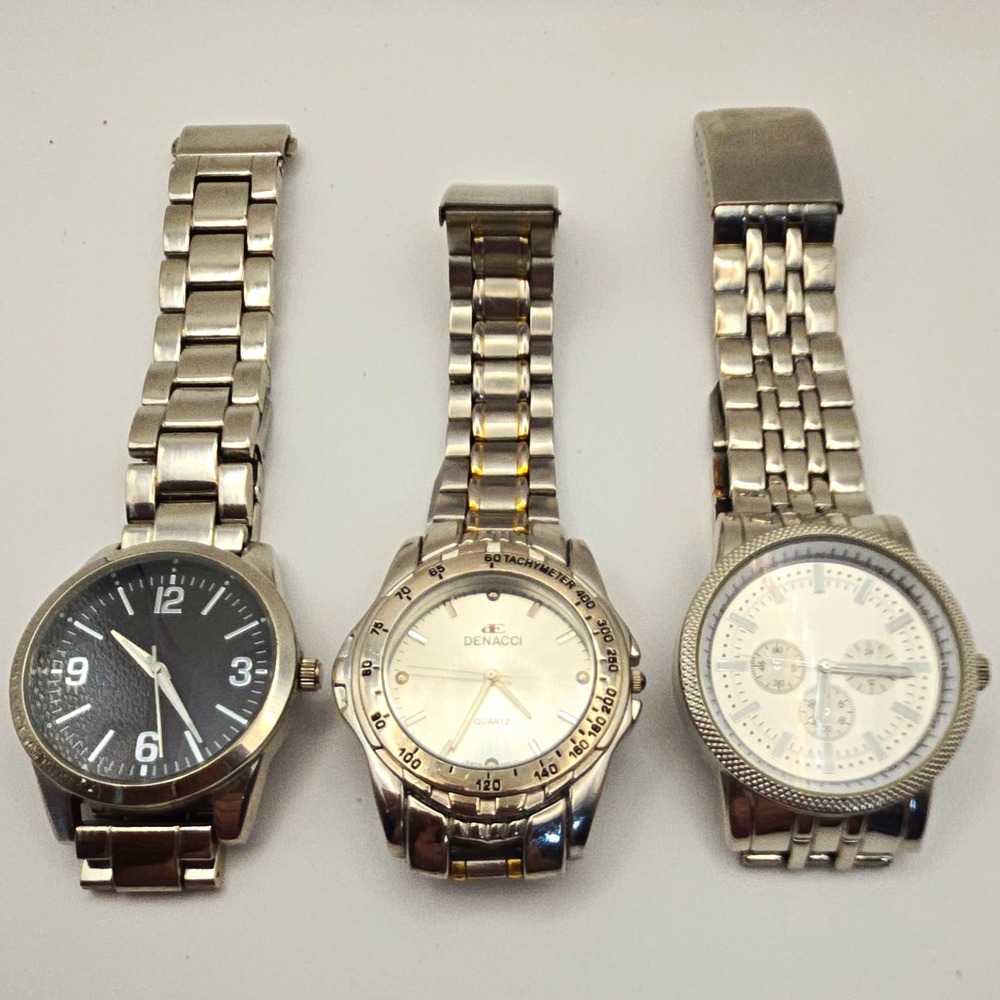 Lot of 3 Mens Silvertone Watches. Bracelet Style Bands,Quartz,New Batteries.